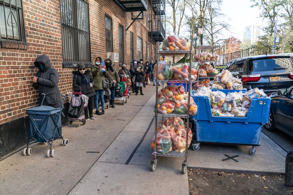 Bags of groceries and produce ready for distribution by the National Guard and Governor Cuomo at the New York Common Pantry, November 24th, 2020