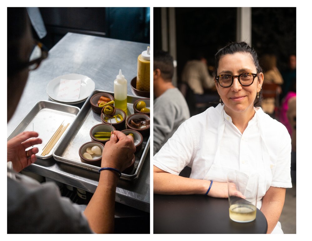 A diptych featuring chef's hands placing olives onto a skewer, and a woman seated at a table.