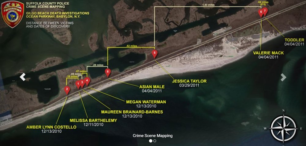 A map of bodies discovered by police in the Gilgo murders investigation