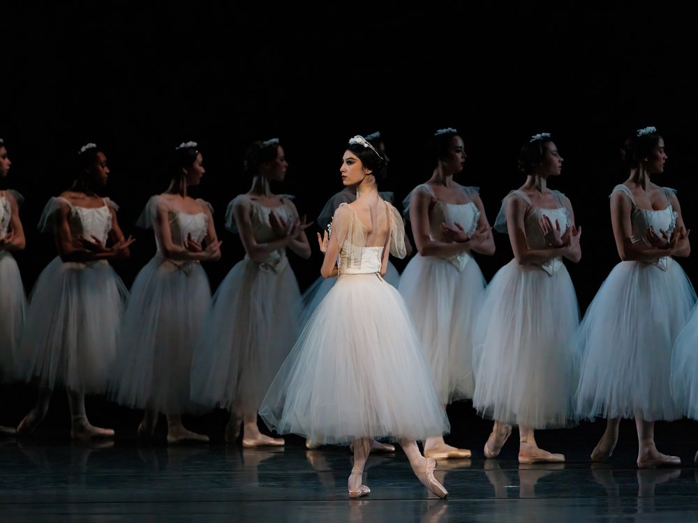 a group of dancers in a line on stage in white tutus