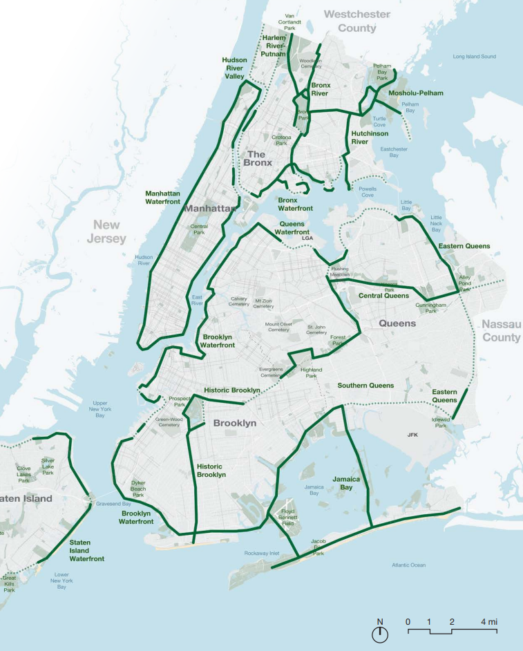 A map of new greenways in New York City, with gaps filled in in every borough.
