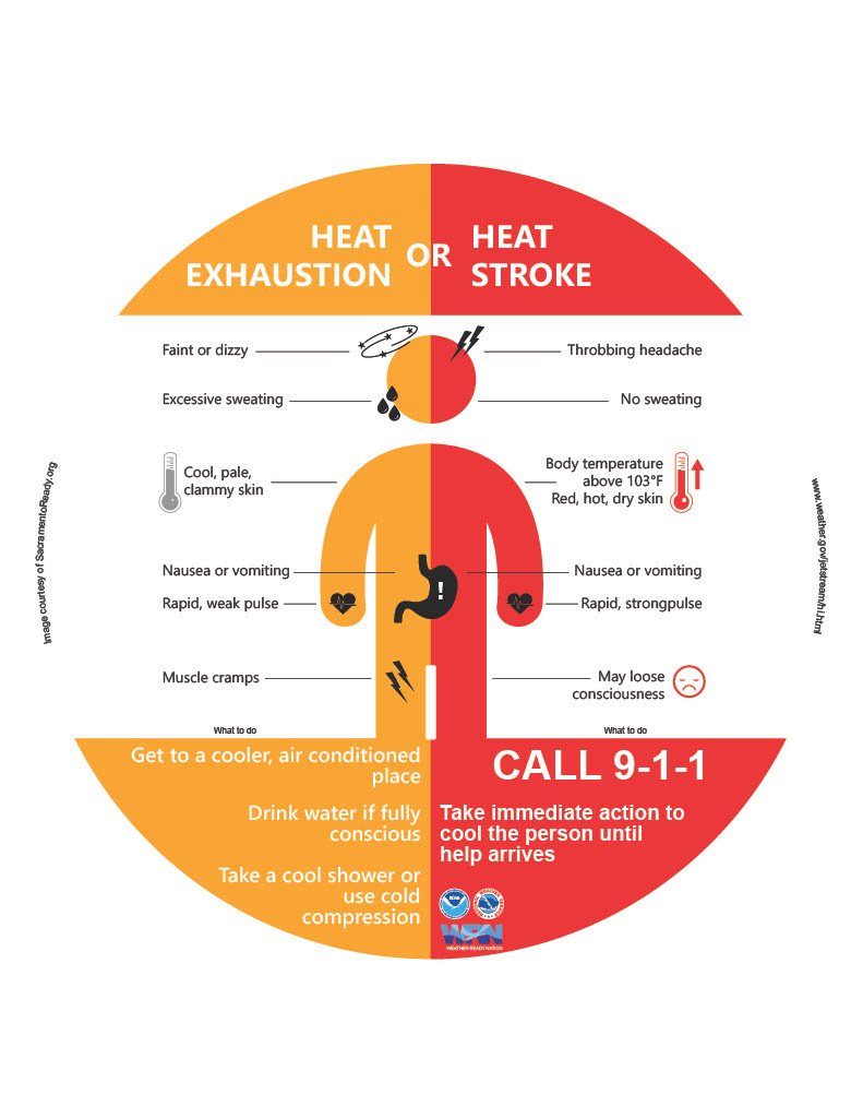 This chart shows the symptoms of heat exhaustion versus heat stroke