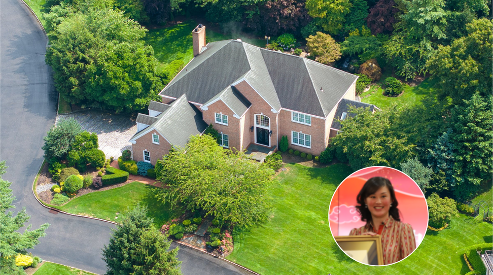 A large suburban home, alongside a headshot of a woman.