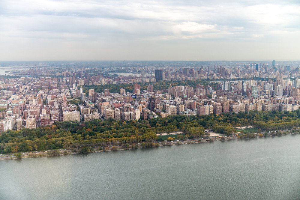 an aerial view of the Hudson River along the west side of Manhattan