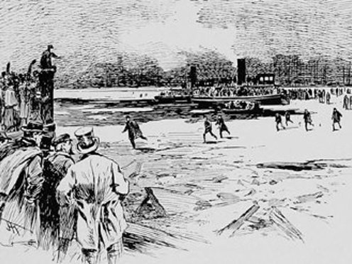 Etching of people on the frozen East River, 1867.