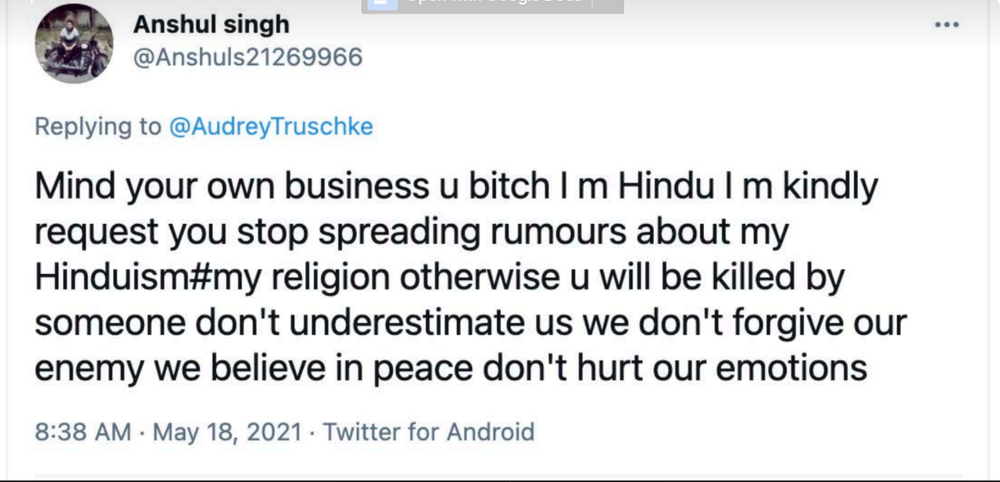 A tweet to Audrey Truschke
