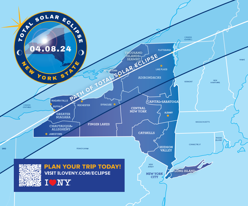 A map of the path of totality for the eclipse in New York state.