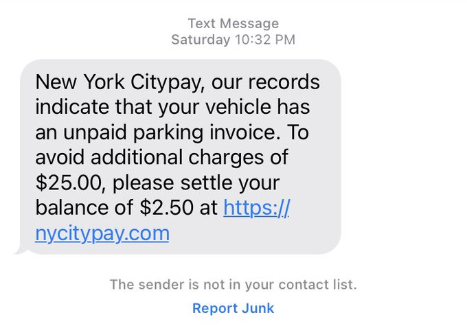 A text message reads "New York Citypay, our records indicate that your vehicle has an unpaid parking invoice. To avoid additional charges of $25.00, please settle your balance of $2.50" and a URL