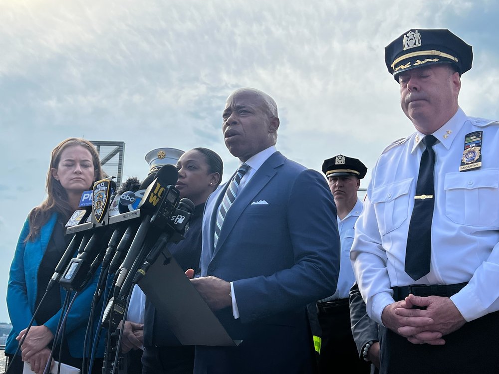 Mayor Eric Adams joins the NYPD near the scene on Tuesday