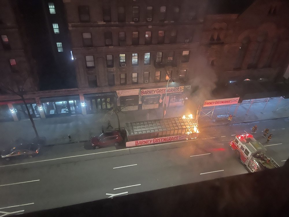 An aerial view of the fire outside the Jewish deli Barney Greengrass on the Upper West Side.