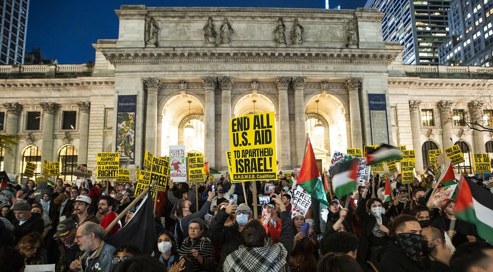 Protesters gather at the New York Public Library's main building