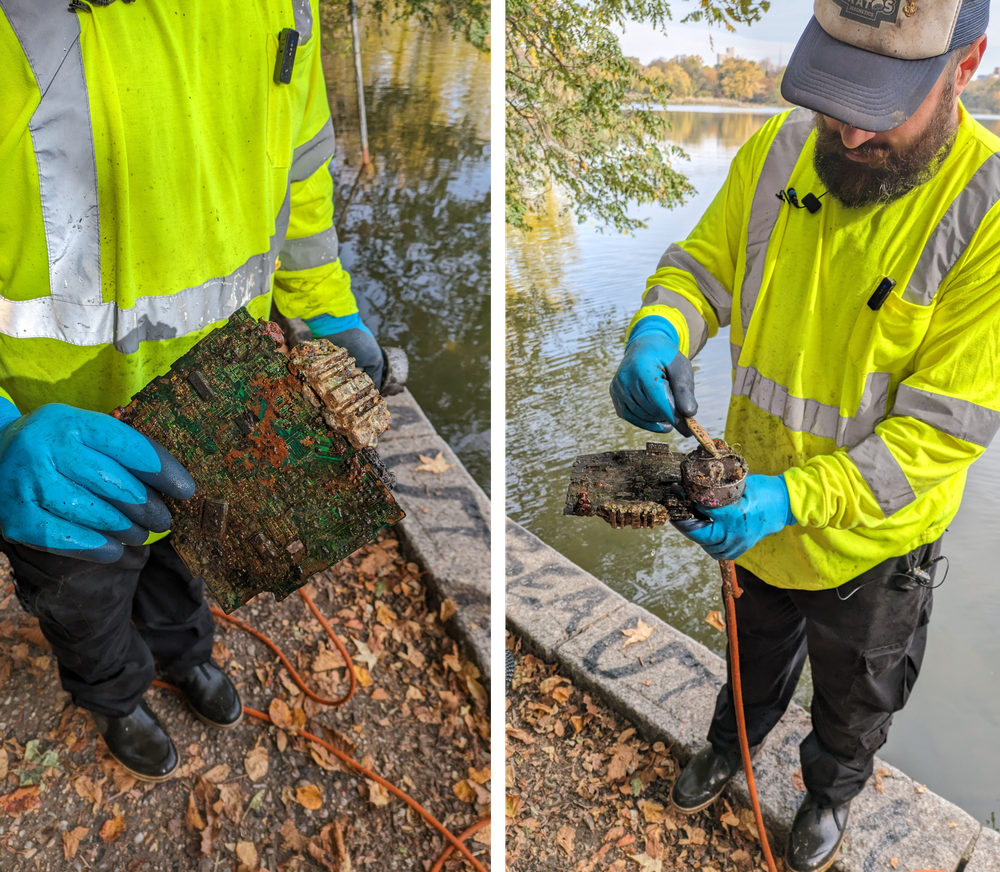 Side-by-side images of a man in a bright yellow construction jacket showing a rusty piece of computer equipment while standing by a lake.
