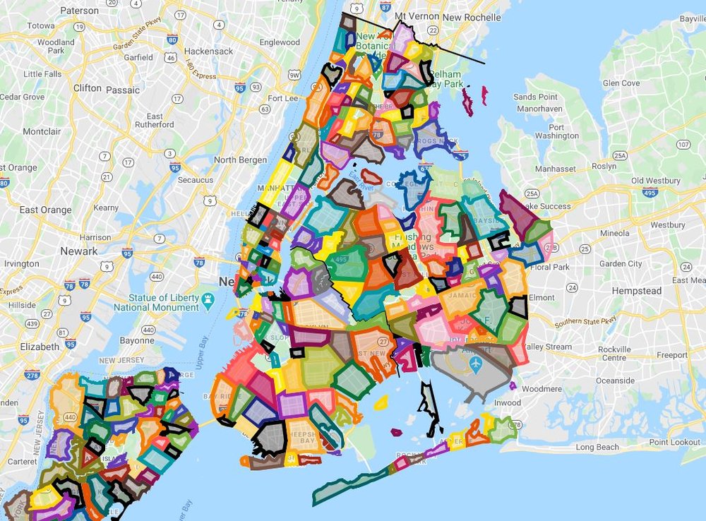 An interactive map of NYC shows neighborhood boundaries in a variety of colors.