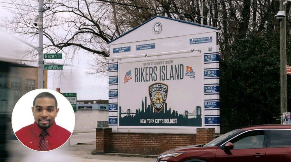 Photo of Anthony Martin Jr. placed over an image of a Rikers sign as the background