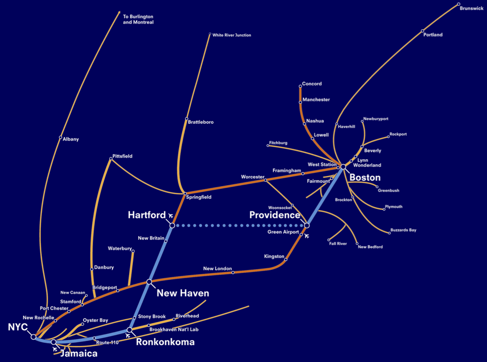 A map showing a proposal of a high speed rail route between New York and Boston.