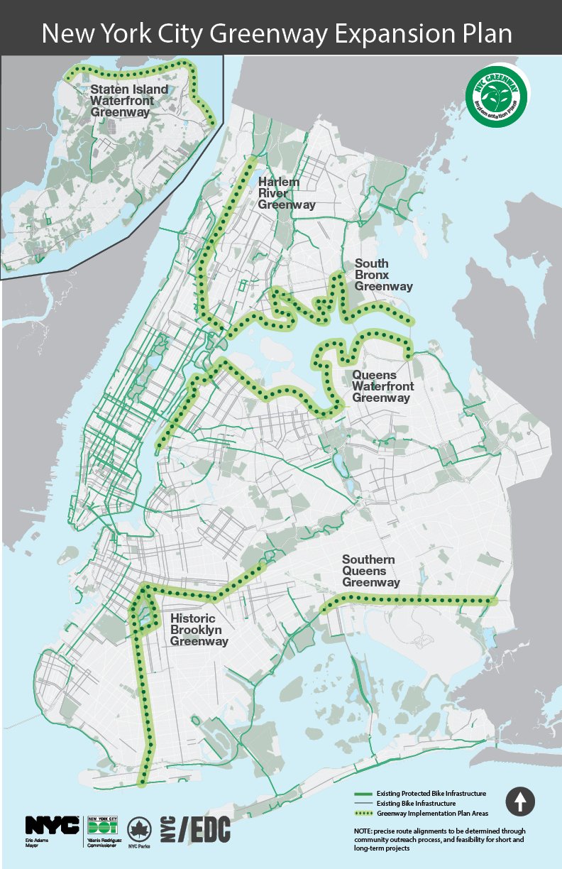 A map of planned greenways Mayor Eric Adams says the city will eventually construct.