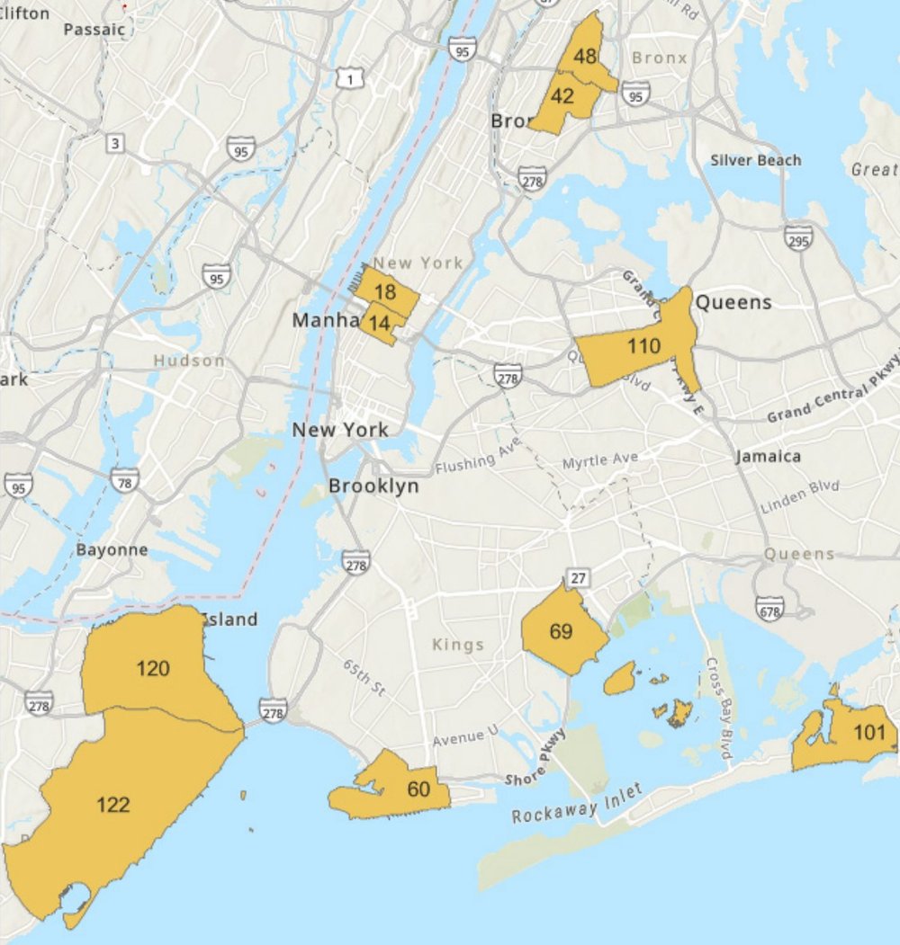 NYPD precincts with the highest percentages of traffic summonses for vehicles with out-of-state plates in 2024