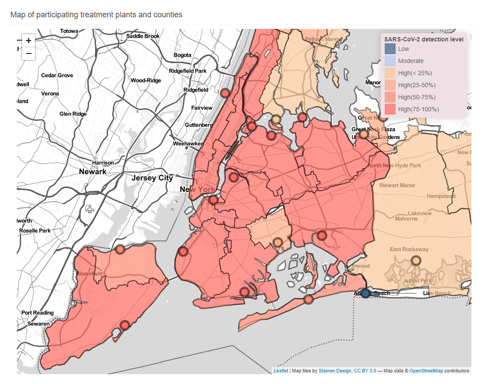 This map shows SARS-CoV-2 detection levels via the New York state wastewater surveillance network. All 14 wastewater plants in NYC are reporting high levels of SARS-CoV-2 genetic material, which correlate with the chances of community transmission in an area. Screenshot taken May 31, 2023, though latest samples were taken May 21 for NYC sites