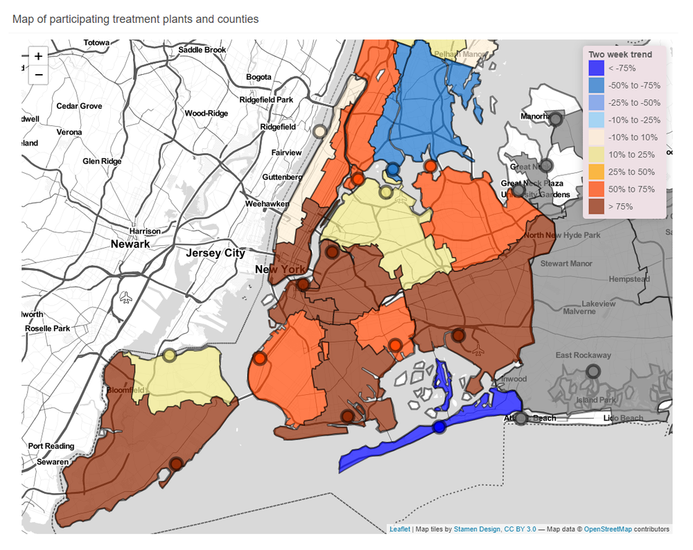This map shows two-week trends in SARS-CoV-2 detection levels via the New York state wastewater surveillance network. Eleven of 14 sewersheds are reporting an increase in NYC as of May 21. Screenshot taken May 31, 2023.