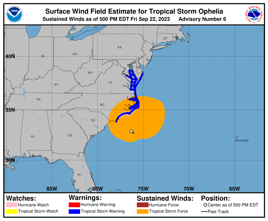 This map shows the extent of Tropical Storm Ophelia's winds. The orange indicates where tropical storm force winds are likely present. As of Friday afternoon, the storm stretched about 380 miles east to west and 300 miles north to south. The dark blue shows areas under tropical storm warnings.