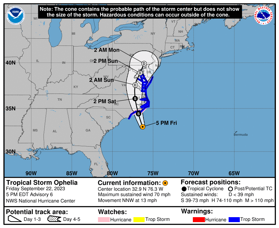 This map shows the storm path forecast for Tropical Storm Ophelia, as of 5 p.m. Friday. The dark blue shading indicates areas under tropical storm warnings, while pink refers to hurricane watches. The storm is due to make landfall in North Carolina and then move north over the East Coast.