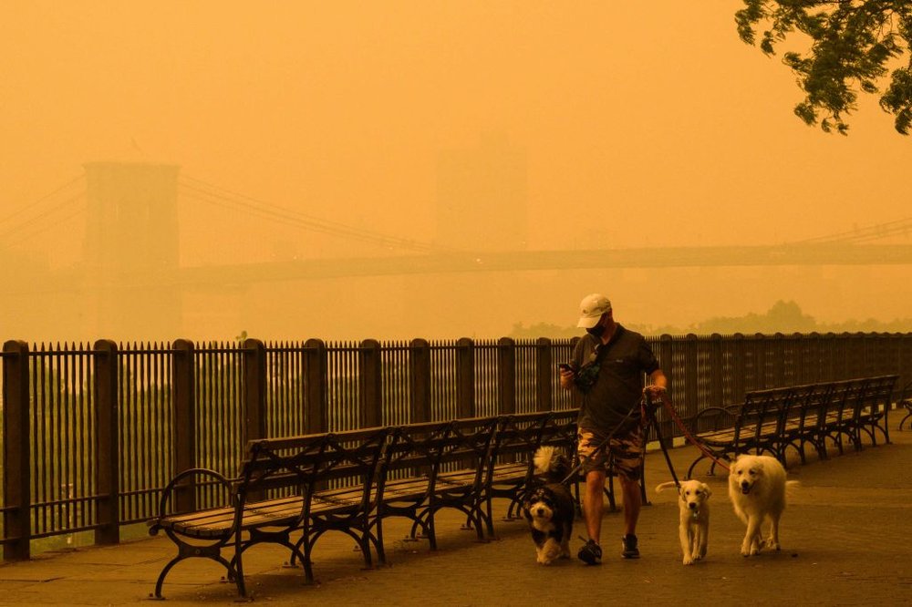 an orange sky in Brooklyn Heights