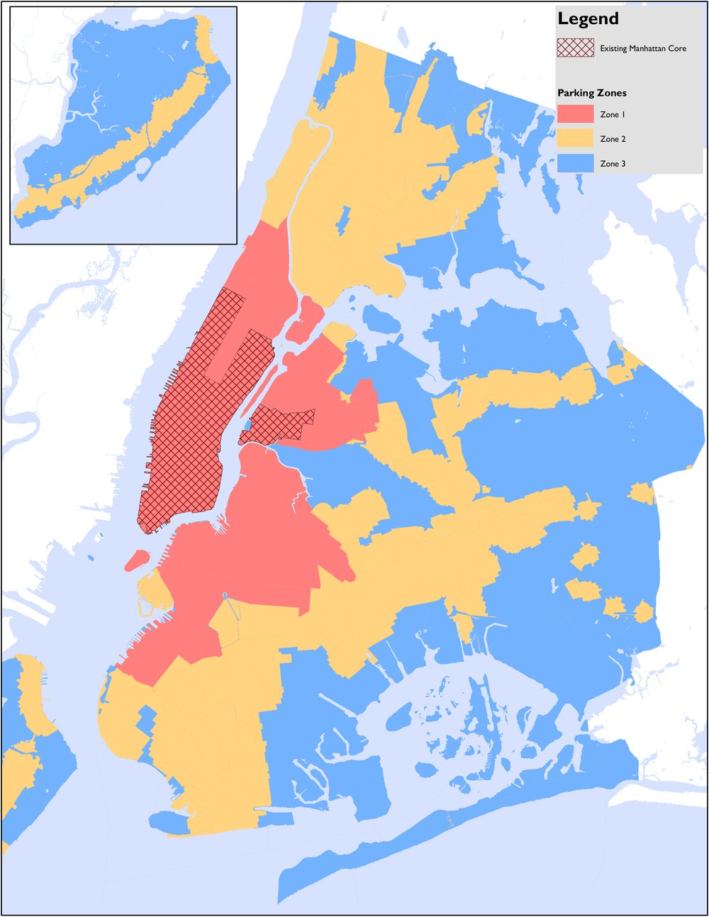 A map of New York City showing the three "zones" for parking mandates. The mandates will be eliminated in the red Zone 1, reduced in the yellow Zone 2 and preserved in the blue Zone 3.