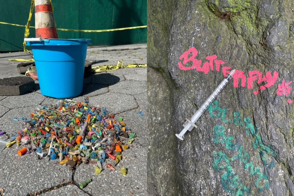 Two images side by side. One is a pile of syringes and capsules by a blue bucket. Another shows a syringe on a rock.