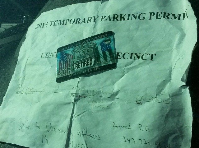 A "temporary parking permit" created by a retired police officer