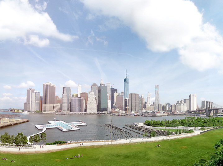 This is a rendering of a plus-sign-shaped pool, floating in the East River.