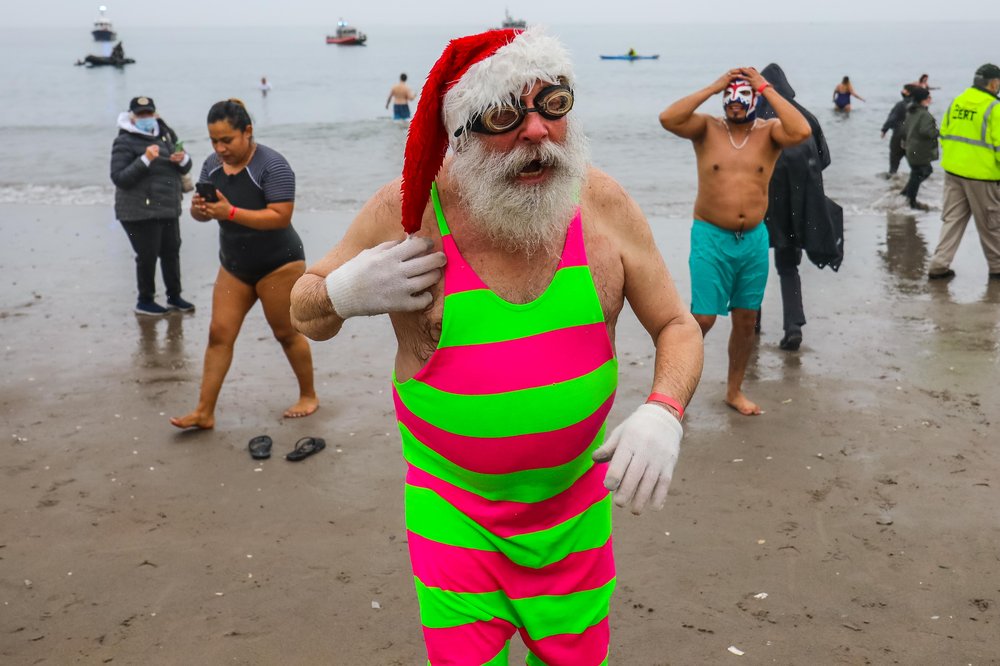 Swimmers brave the Atlantic Ocean in Coney Island