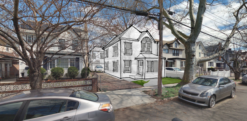 Rendering of a home that could be built in a vacant 35-foot wide lot in St. Albans, Queens under the mayor's plan.