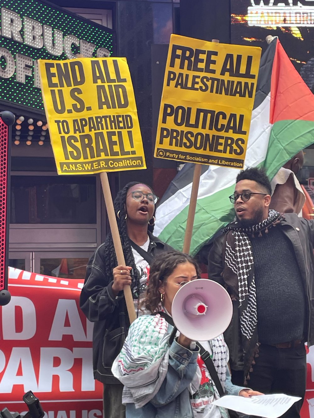 Supporters of Palestine rallying in Times Square with signs reading "Free All Palestinian Political Prisoners."