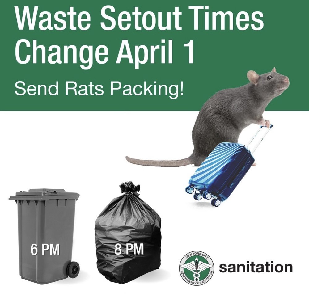 A flyer from the New York City sanitation department that says "Send Rats Packing" accompanied by a photo of a rat with a suitcase.