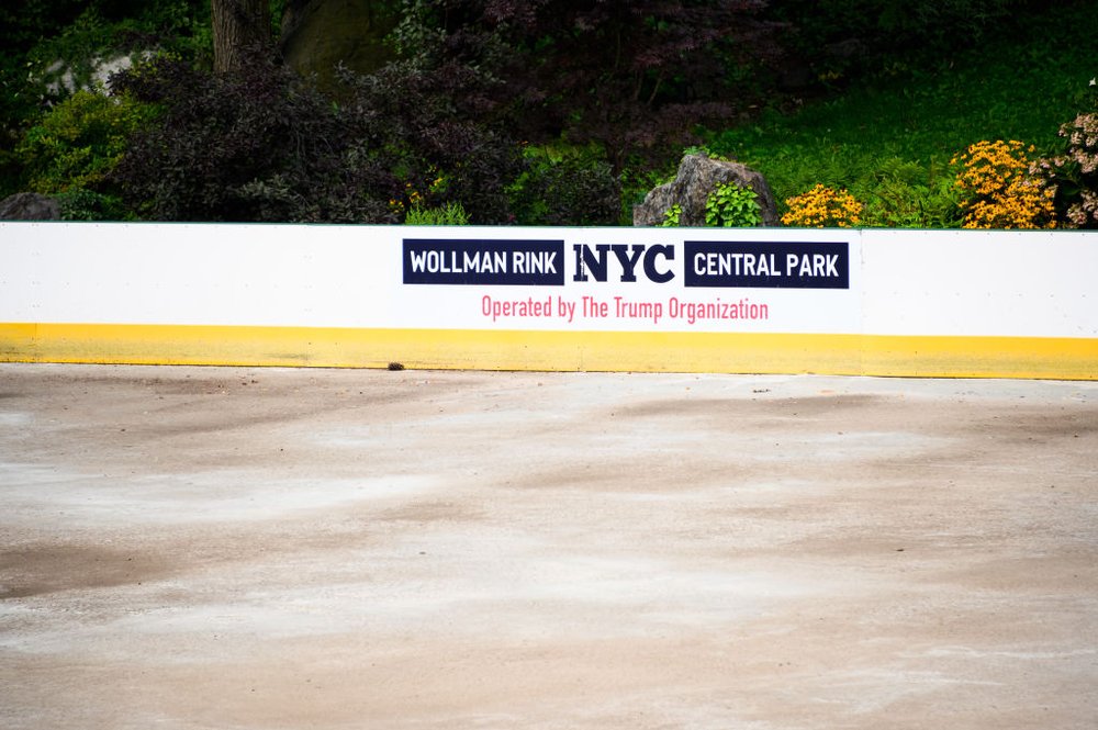 Wollman Rink with a Trump Org sign on the boards