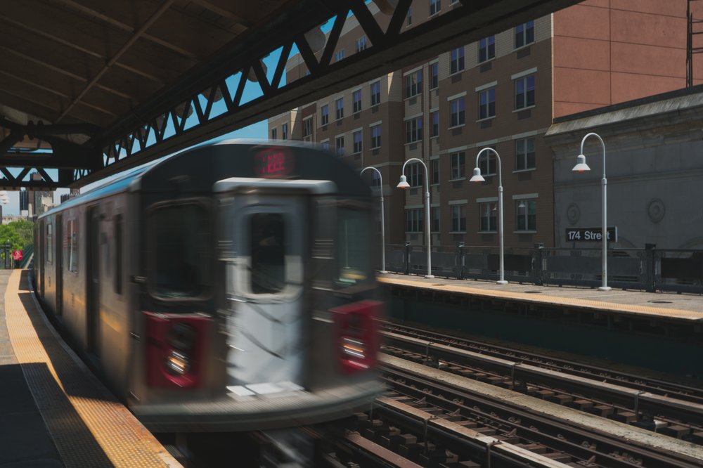 A subway pulling into a station.