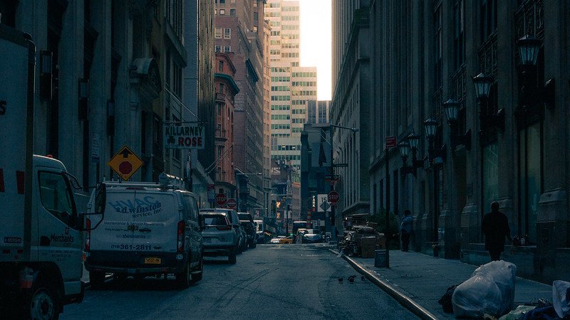sunrise on a lower Manhattan street
