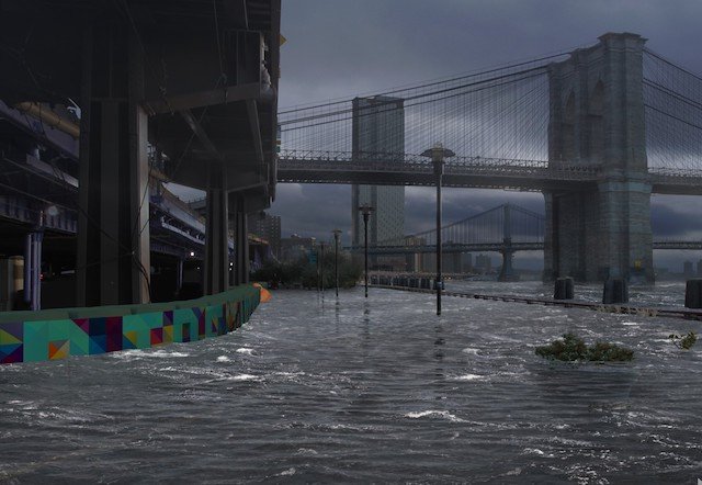 In this futuristic rendering, a sandbag snake protects against the flood.