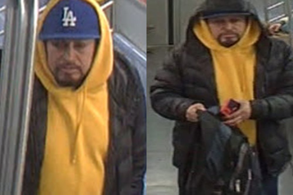 Two images of a man sought in an alleged sex assault at the Whitehall Street subway station.
