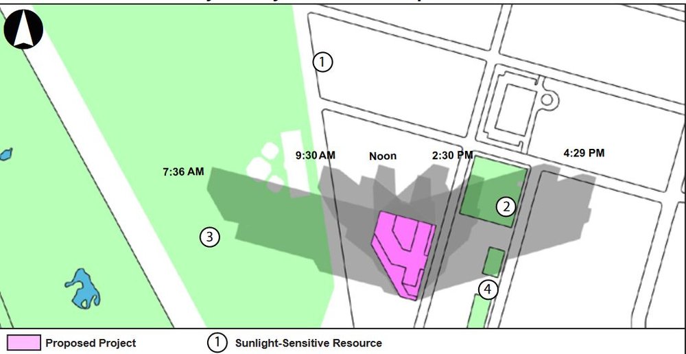 A graphic showing shadows that could be cast over the Brooklyn Botanic Garden from a proposed new development.