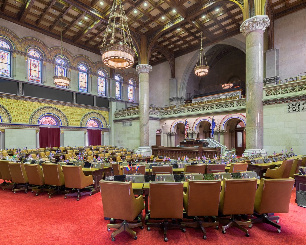 The House of Assembly chamber from the floor of the historic New York State Capitol building.