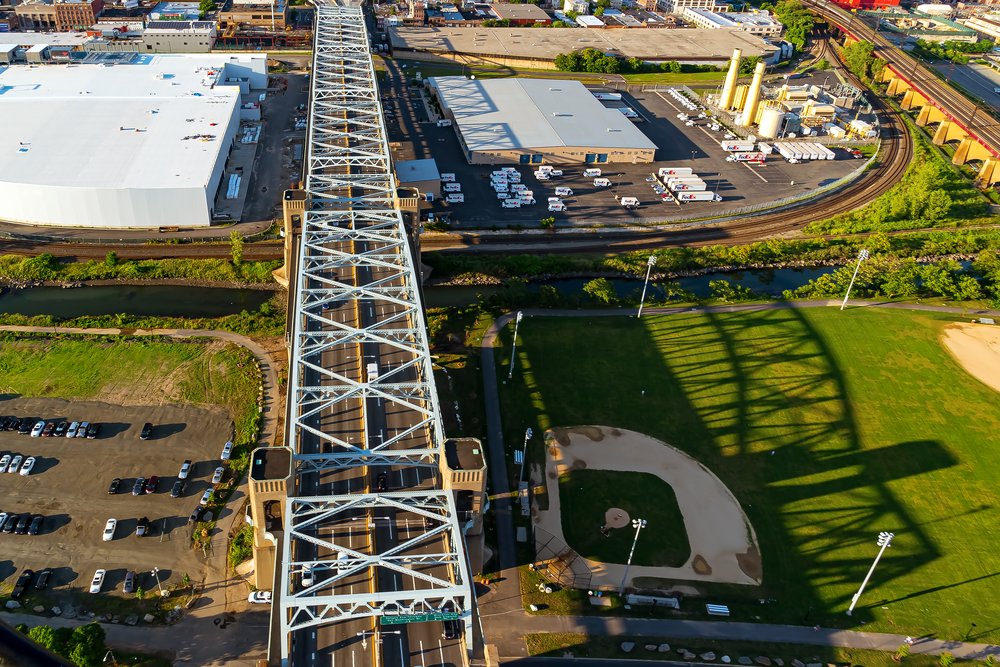 Aerial view of the Triborough Bridge on Randall's Island in New York City