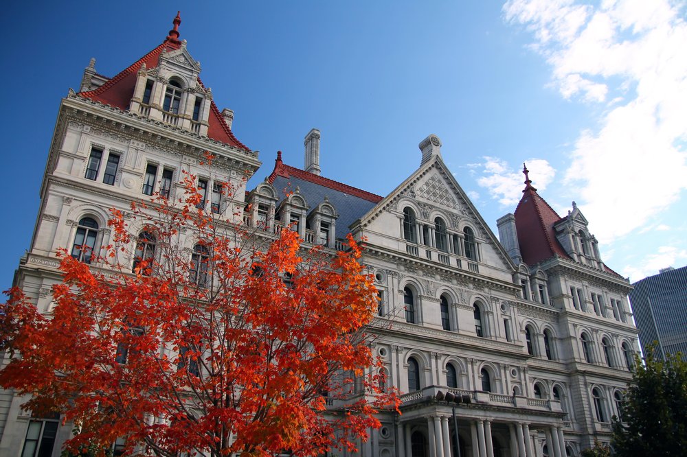 The New York State Capitol building in Albany during a fall day with a tree that has red leaves.