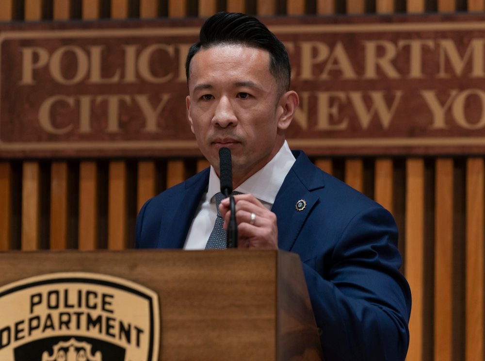Deputy Inspector Stewart Hsiao Loo speaks at press conference of creation of Asian hate crime task force at NYPD headquarters on August 18th, 2020.