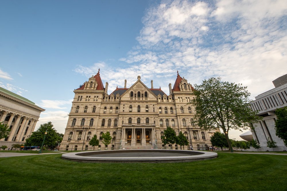 A western view of the New York State Capitol building.