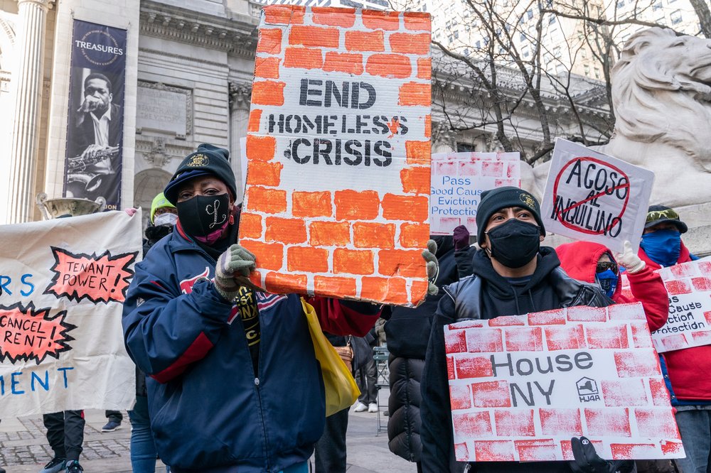 Tenant advocates and others in New York decry mounting evictions in this 2022 protest.