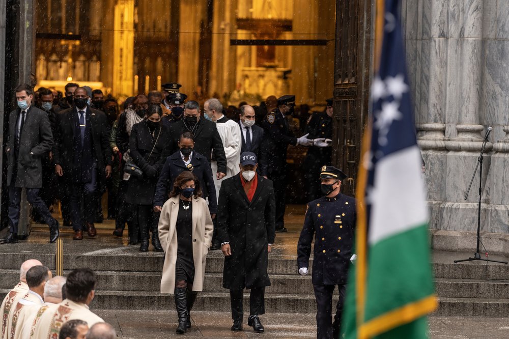 Mayor Eric Adams and Gov. Kathy Hochul walk out of St. Patrick’s Cathedral for Jason Rivera funeral last January.