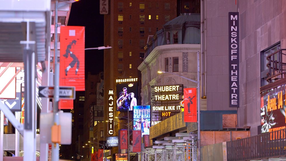 A row of theater marquees