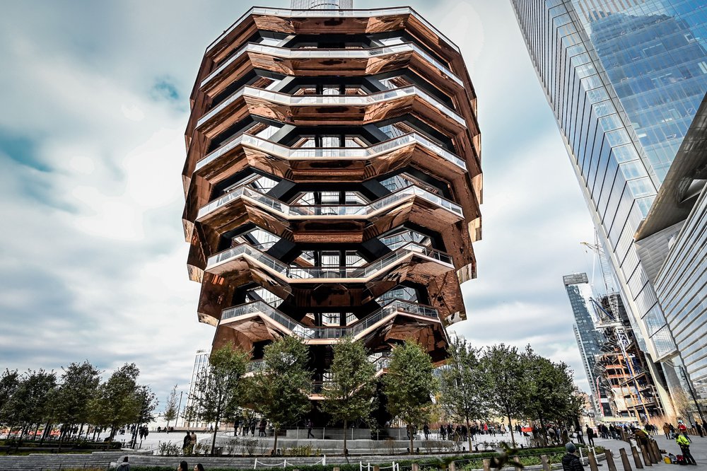 The honeycomb-like copper-clad structure is seen on a sunny day