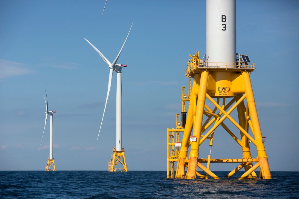 Three wind turbines off Block Island in Rhode Island.